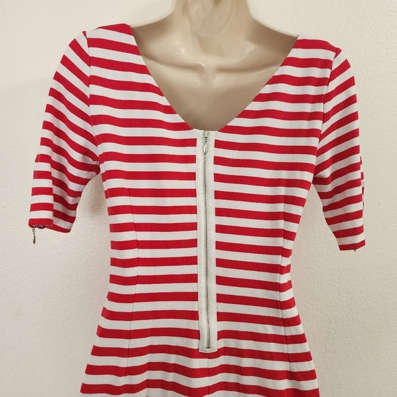 BANANA REPUBLIC Striped Zipped Back Ponte V Neck Dress Red White Size 4 - Picture 7 of 12